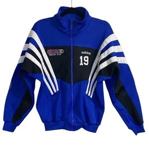 Vintage Adidas Blue and Black Soccer bomber track jacket men S Y2K retro casual